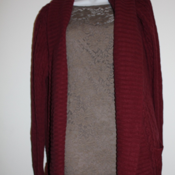 Sweaters - LONG THICK RIBBED BURGANDY CARDIGAN W/ POCKETS